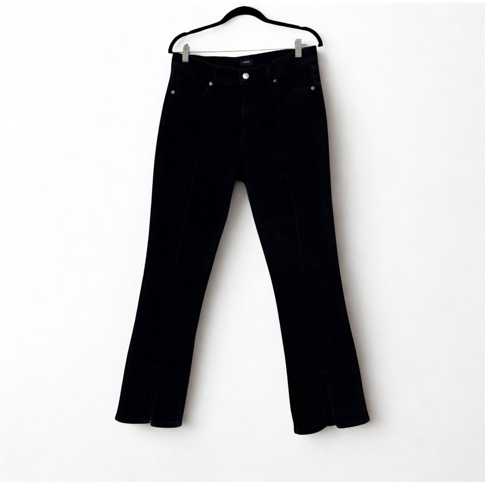 Express Skyscraper Mid Rise Hyper Stretch Black Flare Jeans Split Hem 12S